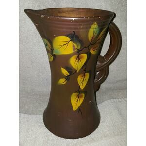 Nestor England vintage porcelain pitcher brown handpainted leaves 8" tall